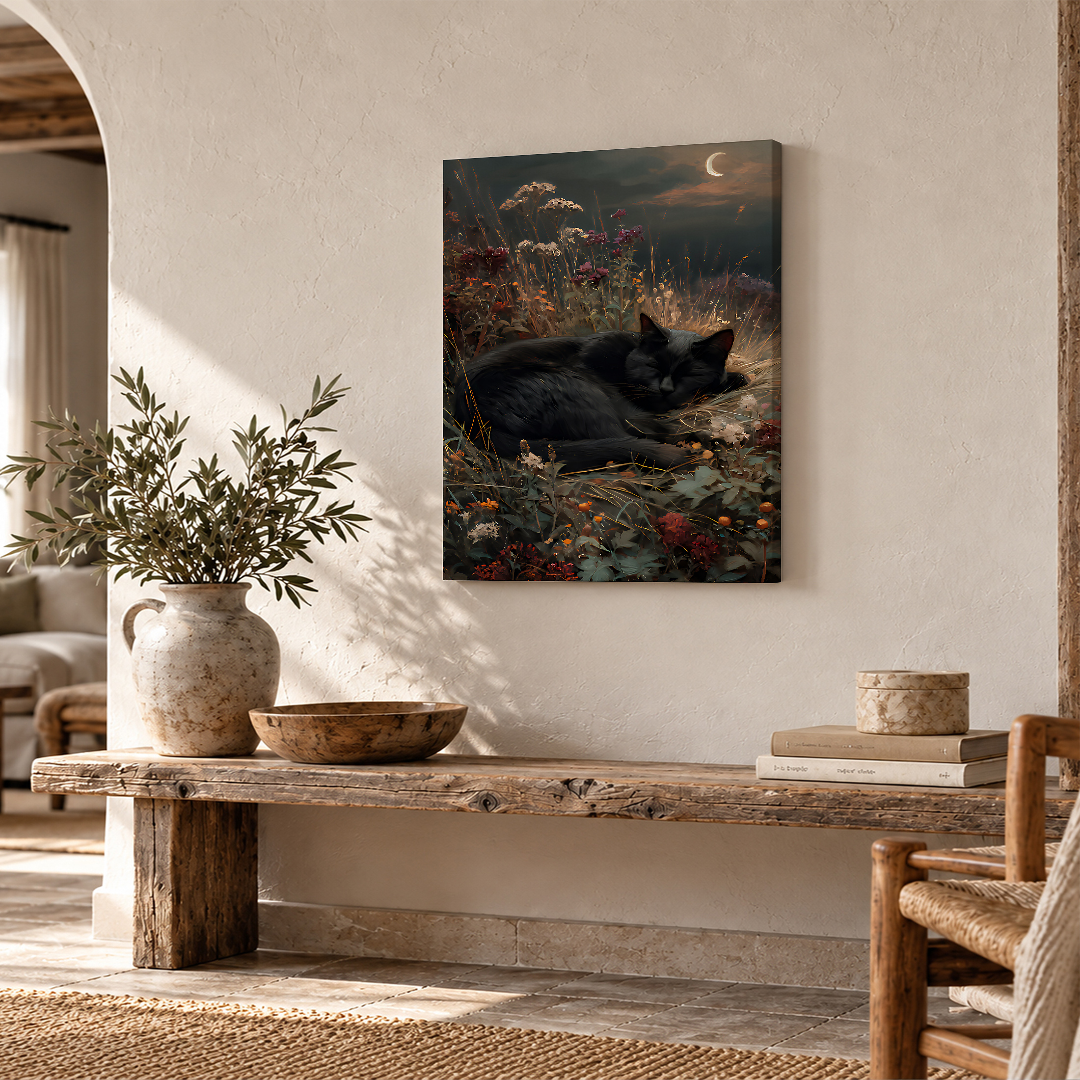 Moonlit Cat in Wildflowers Framed Canvas Wall Art - Image 2