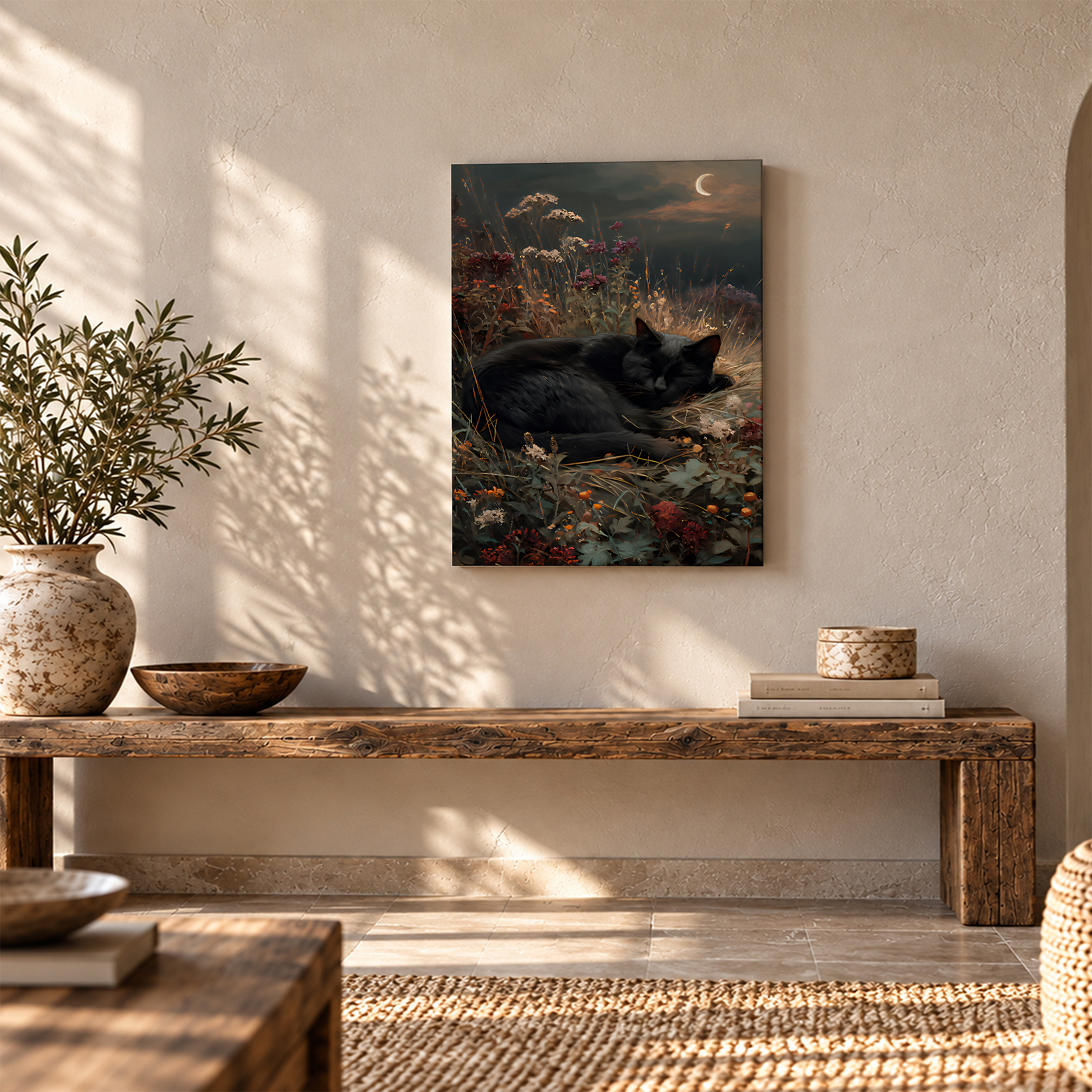 Moonlit Cat in Wildflowers Framed Canvas Wall Art - Image 5