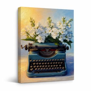 Vintage Typewriter & White Flowers Framed Canvas Wall Art - Ready to Hang