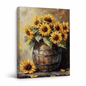 Sunflowers in Barrel Framed Canvas Wall Art | Rustic Home Decor