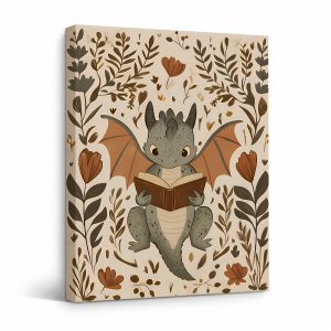 Whimsical Dragon Reading Book Botanical Framed Canvas Wall Art