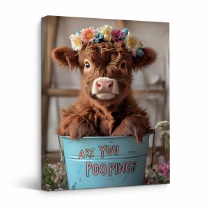 Cute Calf Flower Crown Humorous Framed Canvas Wall Art