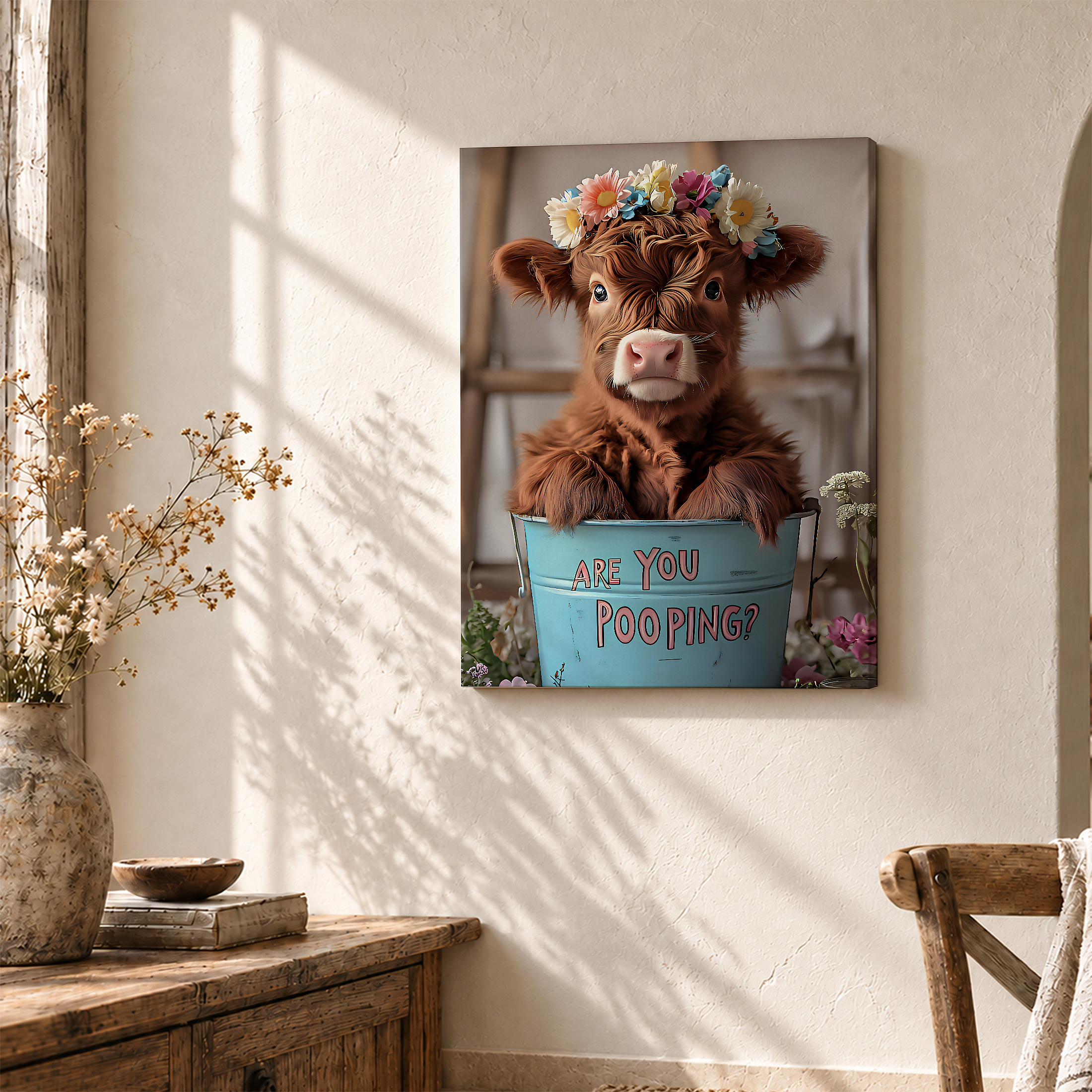 Cute Calf Flower Crown Humorous Framed Canvas Wall Art - Image 3