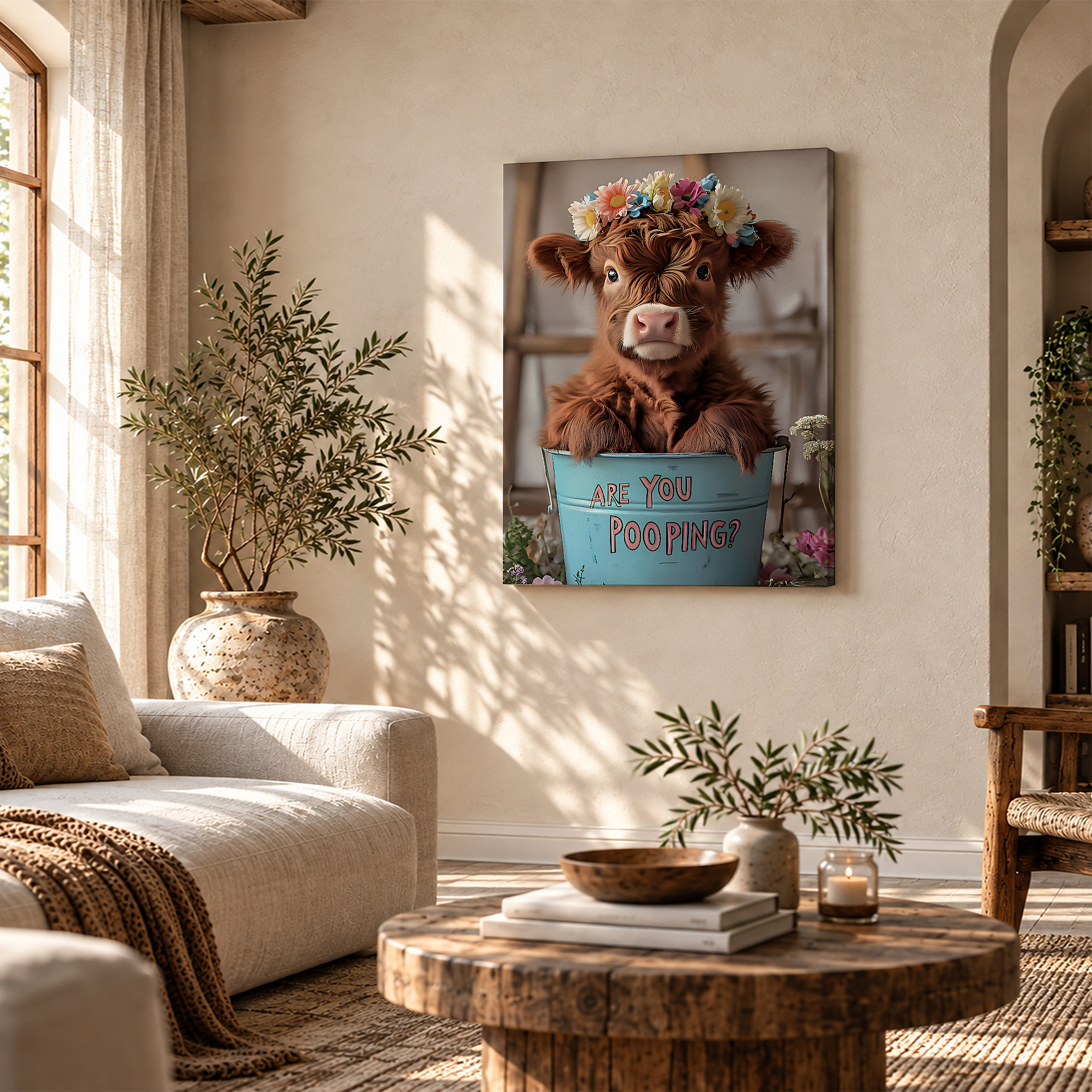 Cute Calf Flower Crown Humorous Framed Canvas Wall Art - Image 4