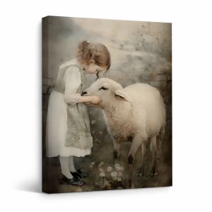 Nostalgic Girl & Sheep Watercolor Framed Canvas Wall Art
