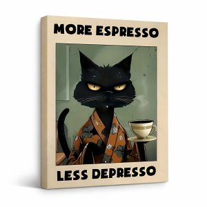Black Cat Espresso Humor Framed Canvas Wall Art