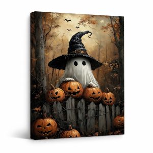 Halloween Ghost & Pumpkins Framed Canvas Wall Art - Autumn Forest Decor
