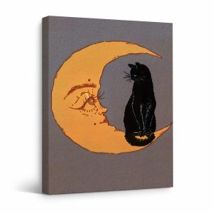 Crescent Moon & Black Cat Framed Canvas Wall Art