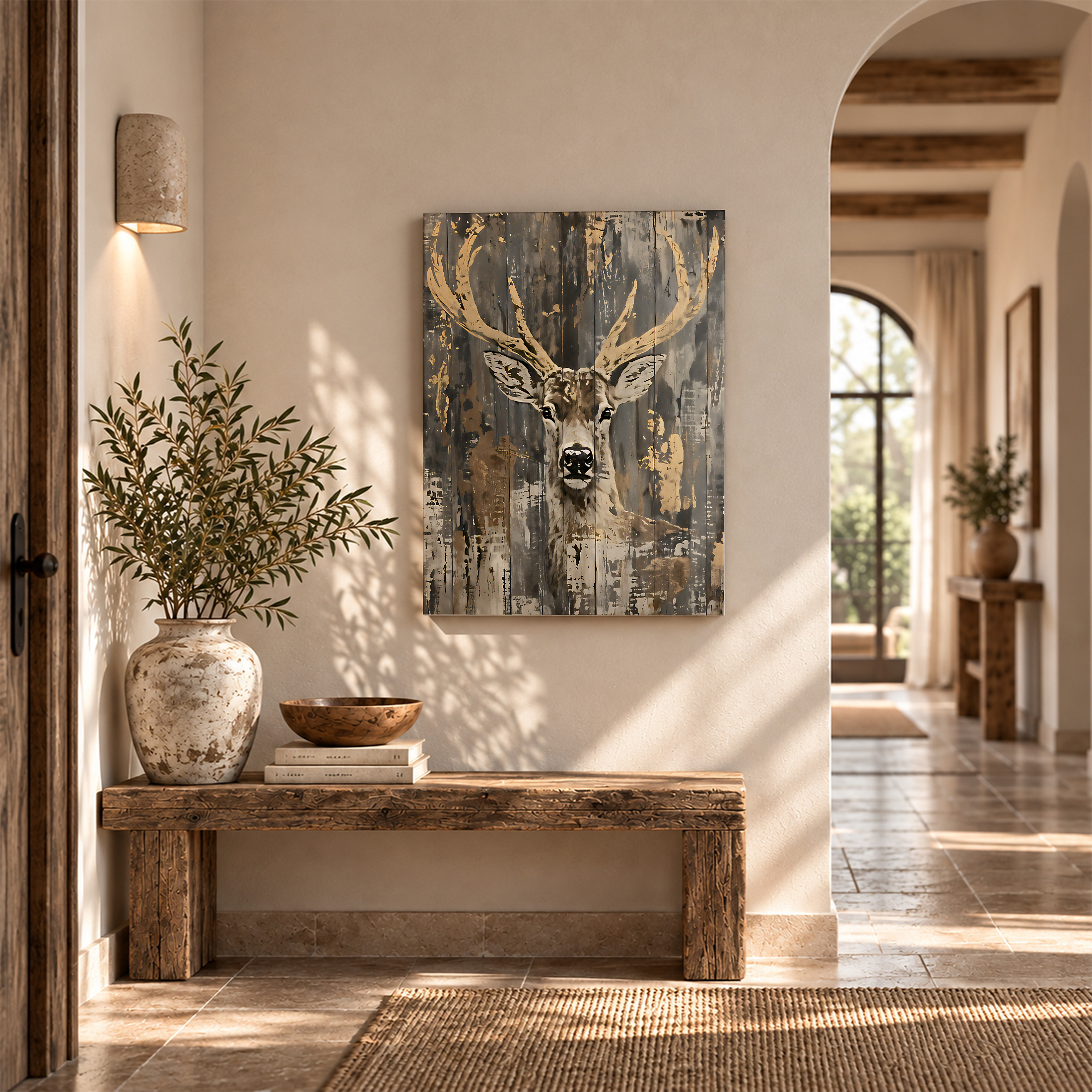 Rustic Deer Antlers Framed Canvas Wall Art | Vintage Wood Texture - Image 6