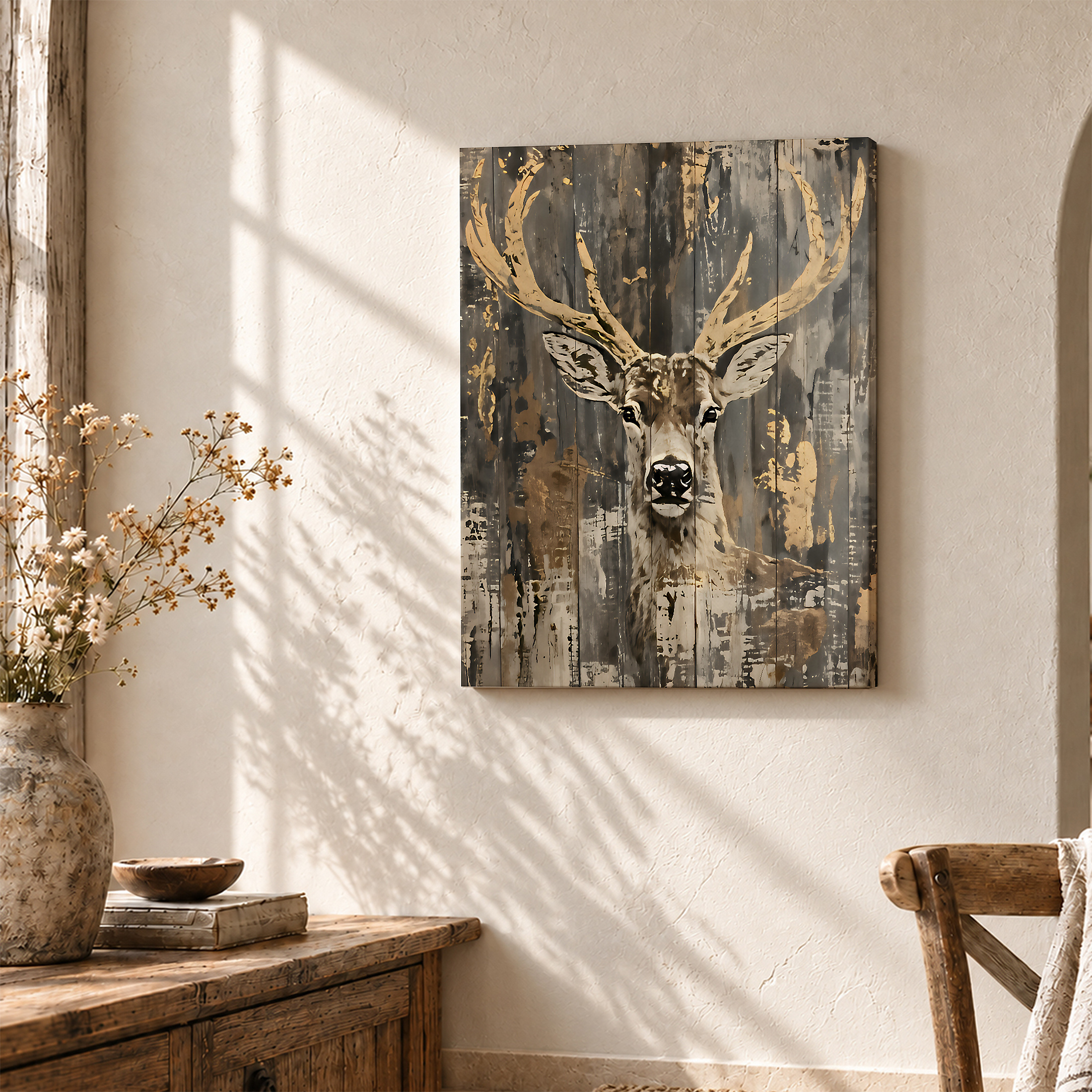 Rustic Deer Antlers Framed Canvas Wall Art | Vintage Wood Texture - Image 3