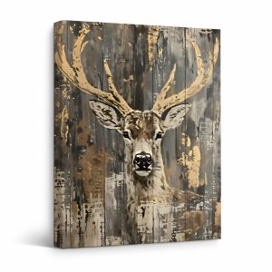 Rustic Deer Antlers Framed Canvas Wall Art | Vintage Wood Texture
