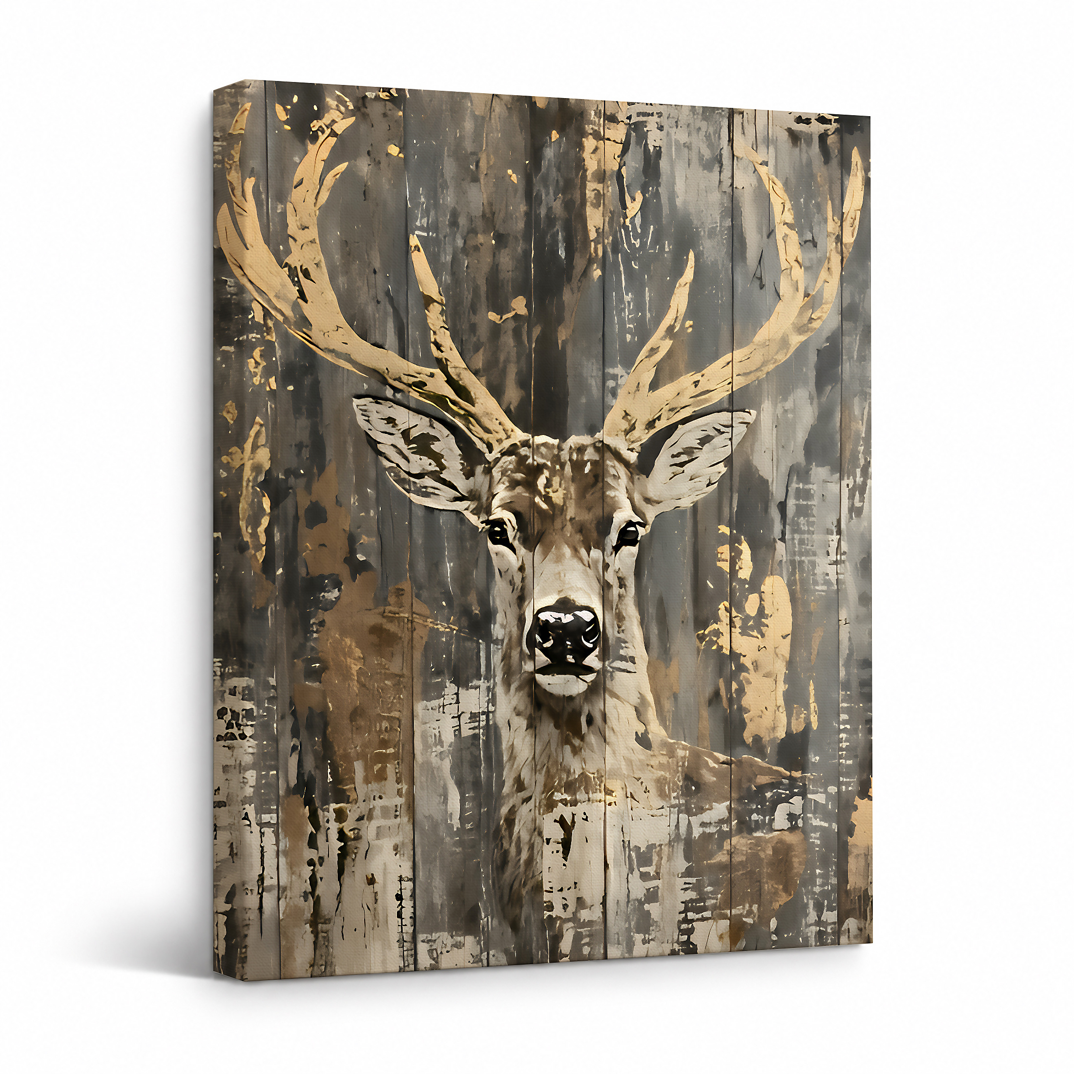 Rustic Deer Antlers Framed Canvas Wall Art | Vintage Wood Texture