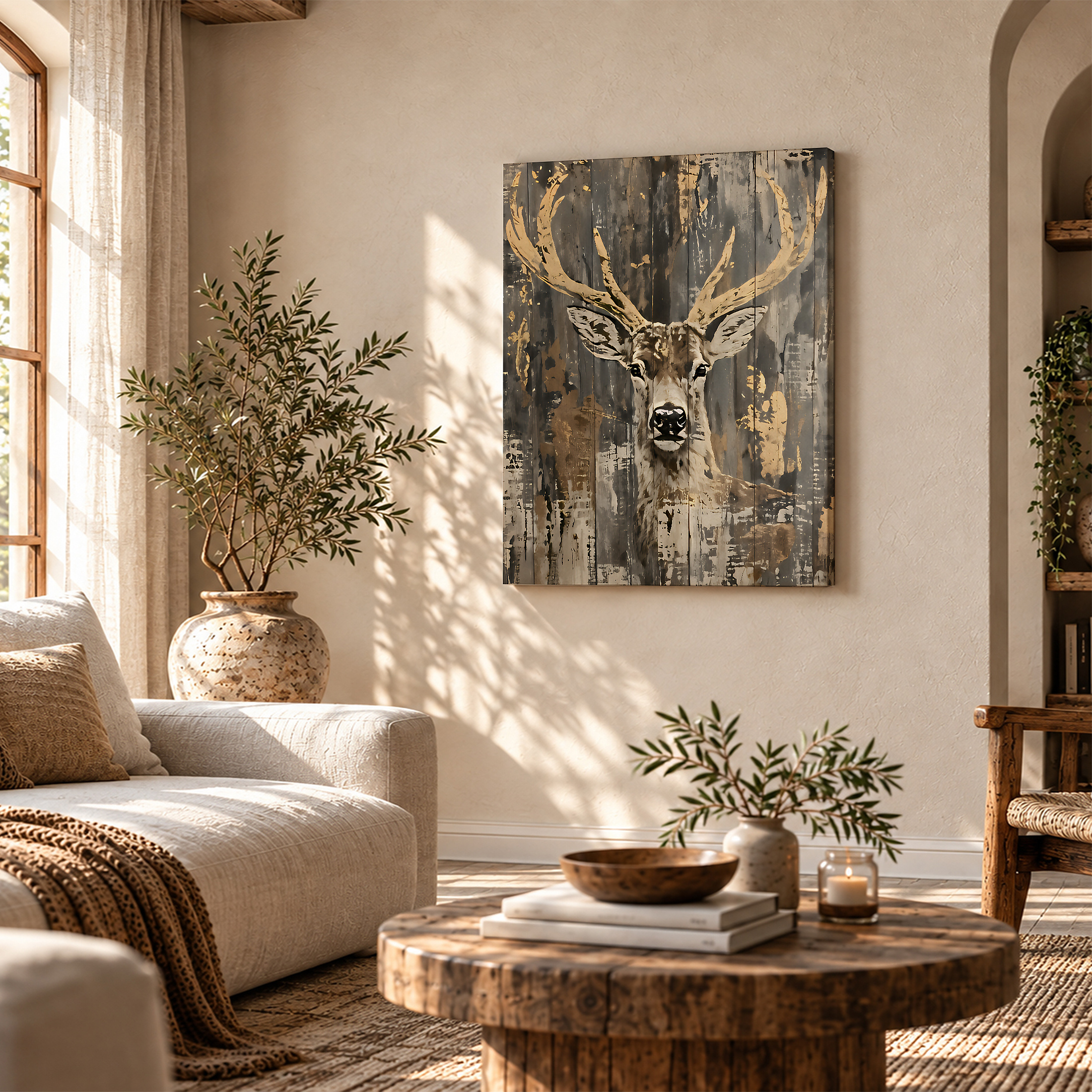 Rustic Deer Antlers Framed Canvas Wall Art | Vintage Wood Texture - Image 4