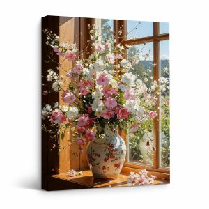 Sunlit Floral Window Scene Framed Canvas Wall Art