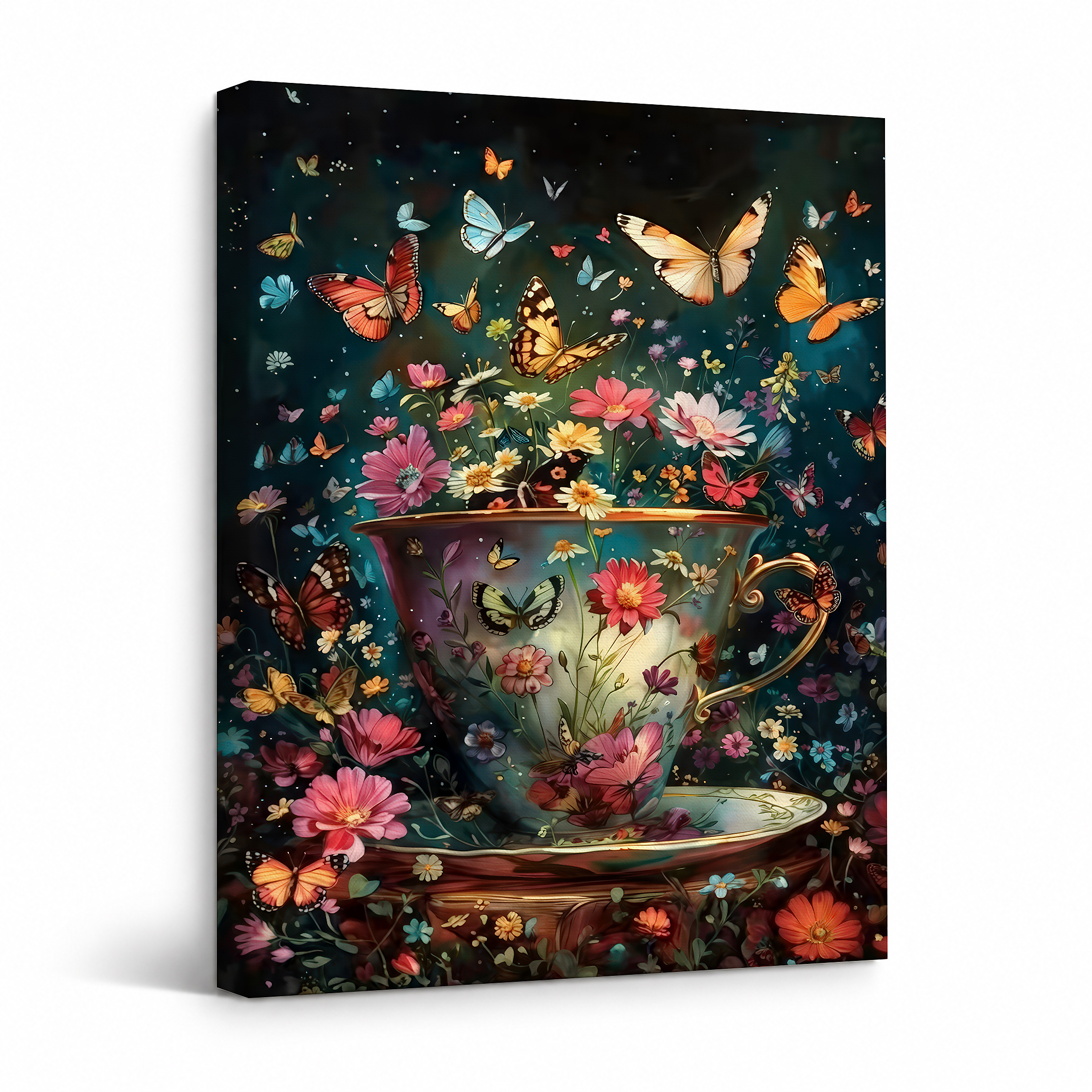 Butterfly Teacup Garden Framed Canvas Wall Art - Ready to Hang