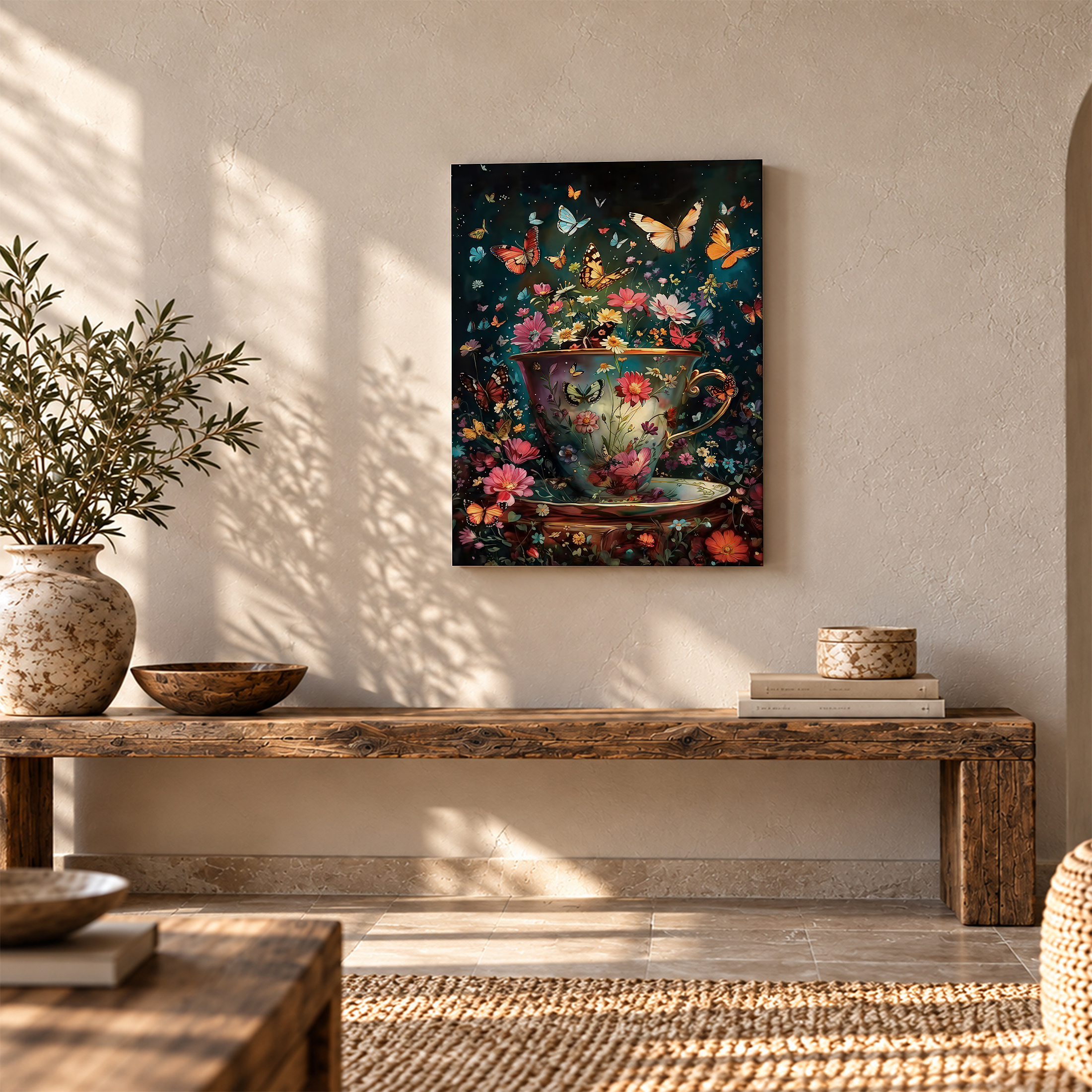 Butterfly Teacup Garden Framed Canvas Wall Art - Ready to Hang - Image 5