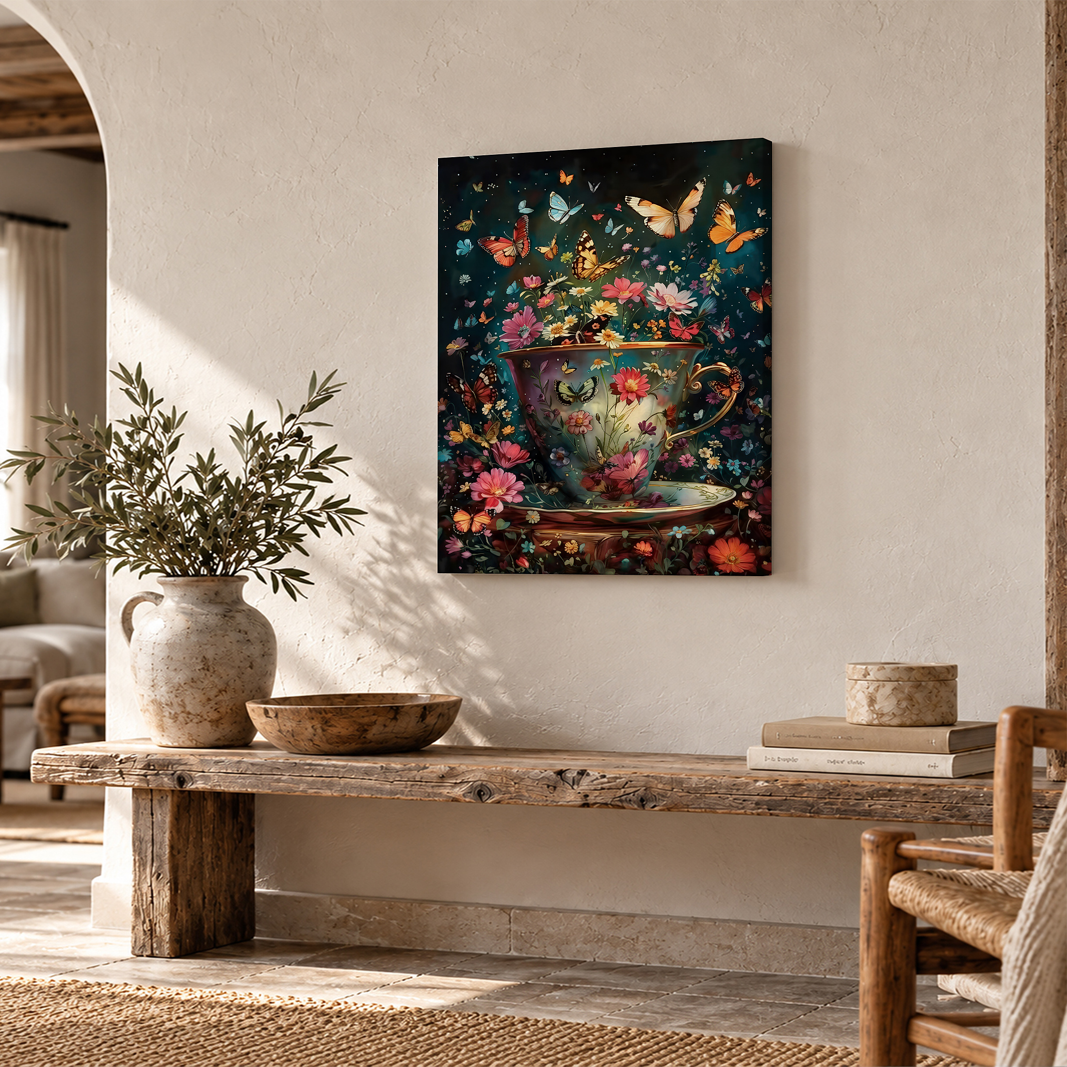 Butterfly Teacup Garden Framed Canvas Wall Art - Ready to Hang - Image 2