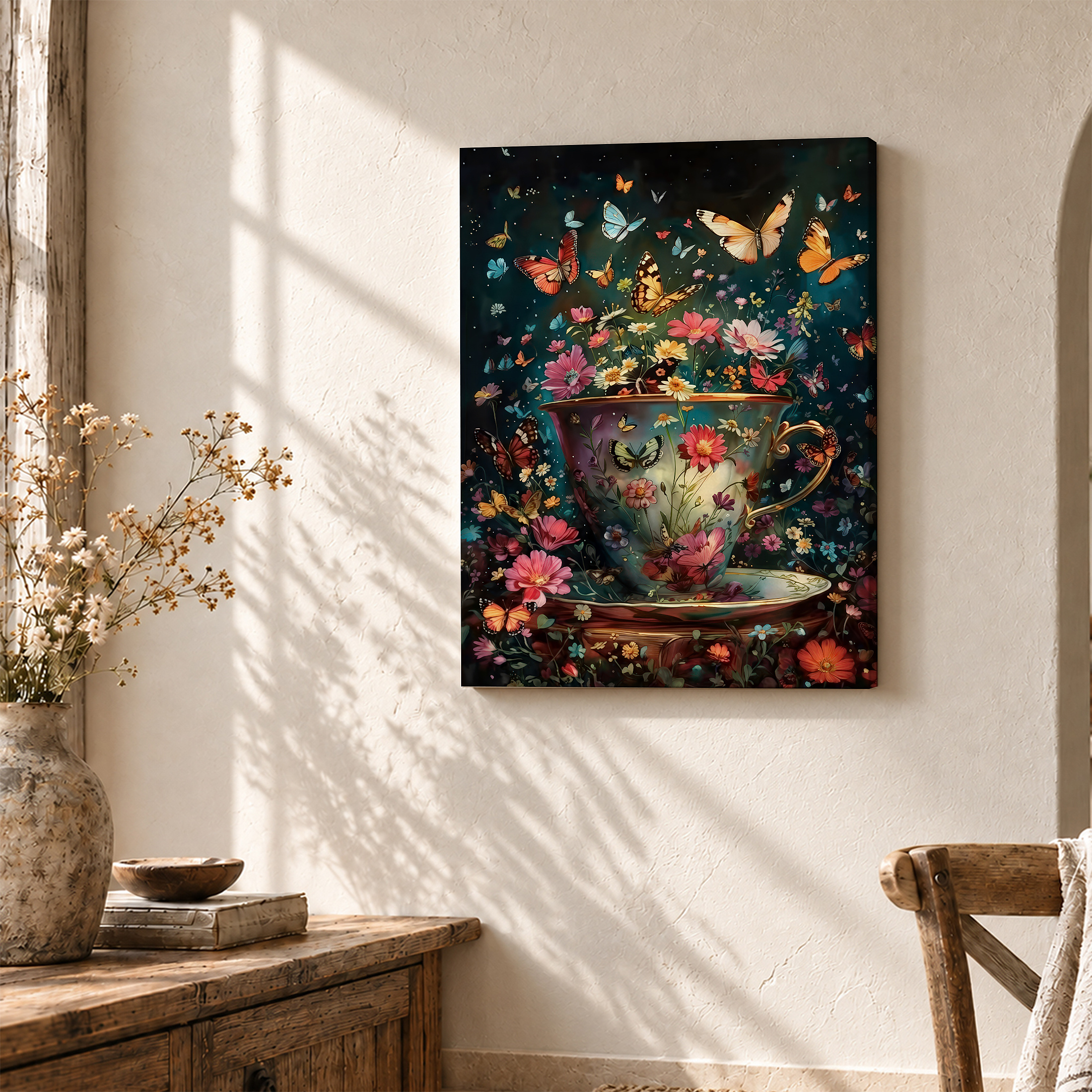 Butterfly Teacup Garden Framed Canvas Wall Art - Ready to Hang - Image 3
