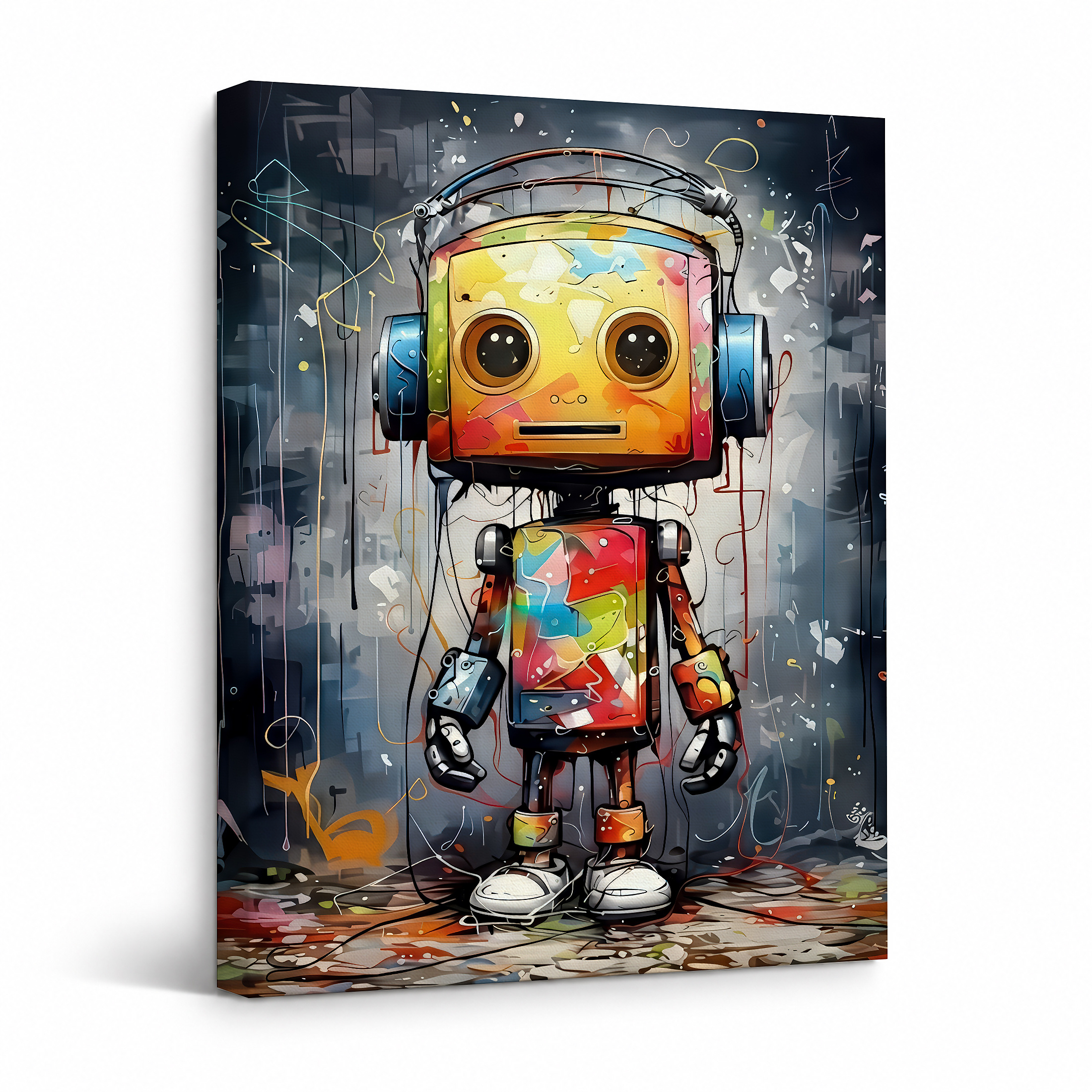 Rainbow Robot Graffiti Framed Canvas Wall Art - Vibrant Pop Art Print