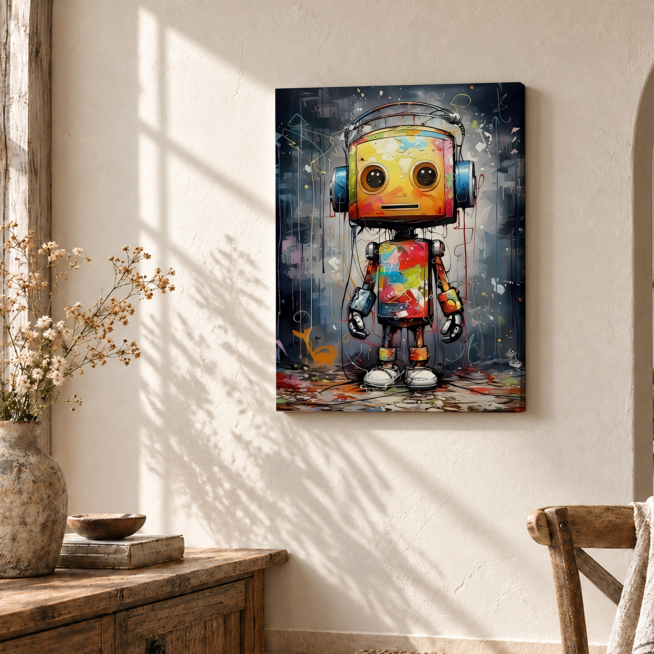 Rainbow Robot Graffiti Framed Canvas Wall Art - Vibrant Pop Art Print - Image 3