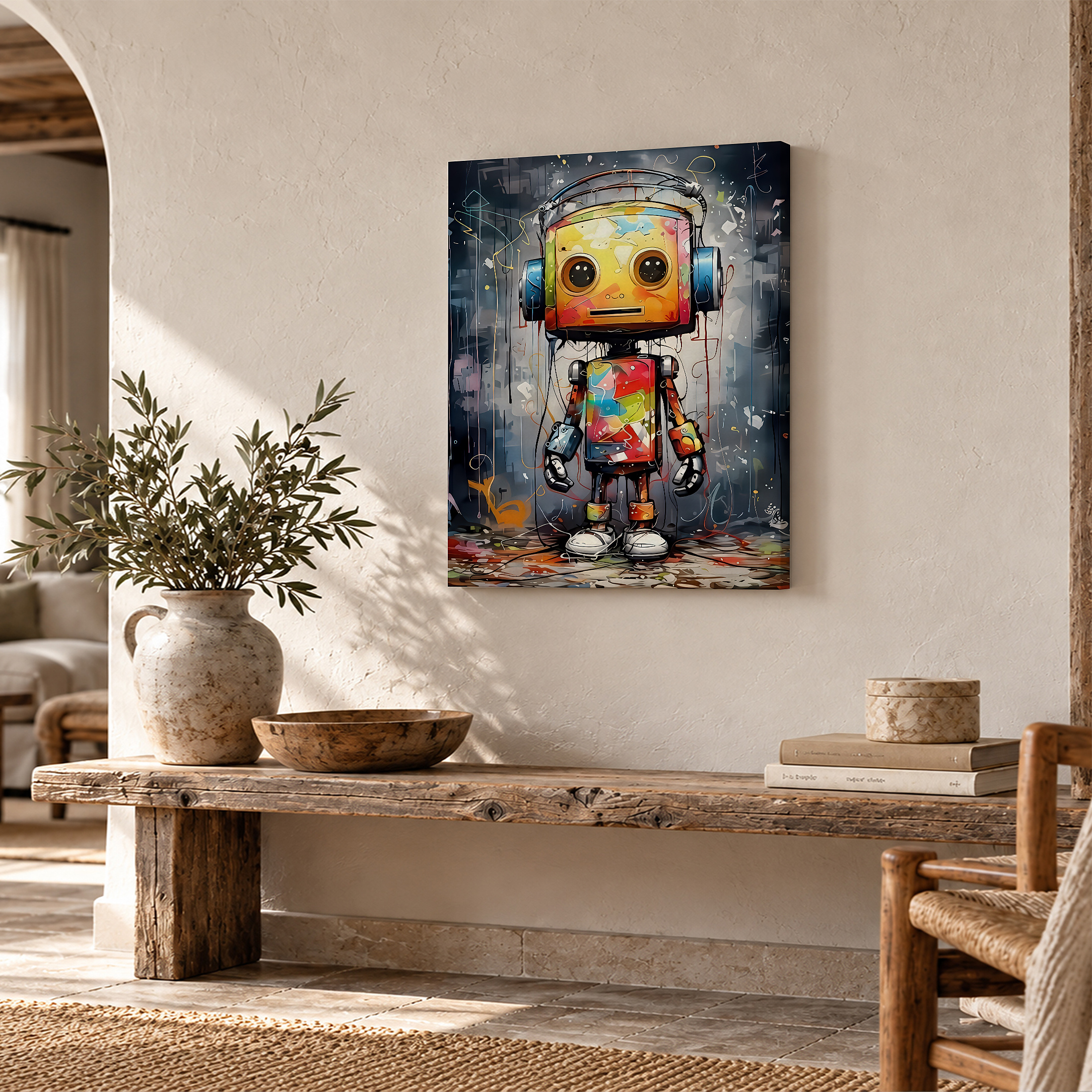 Rainbow Robot Graffiti Framed Canvas Wall Art - Vibrant Pop Art Print - Image 2