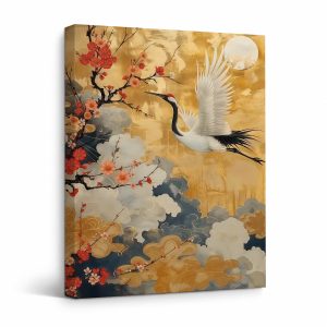 Red-Crowned Crane & Cherry Blossoms Framed Canvas Wall Art