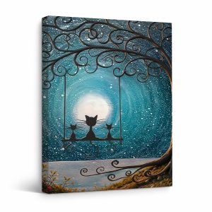Moonlit Cats Swing Under Starry Tree Framed Canvas Wall Art