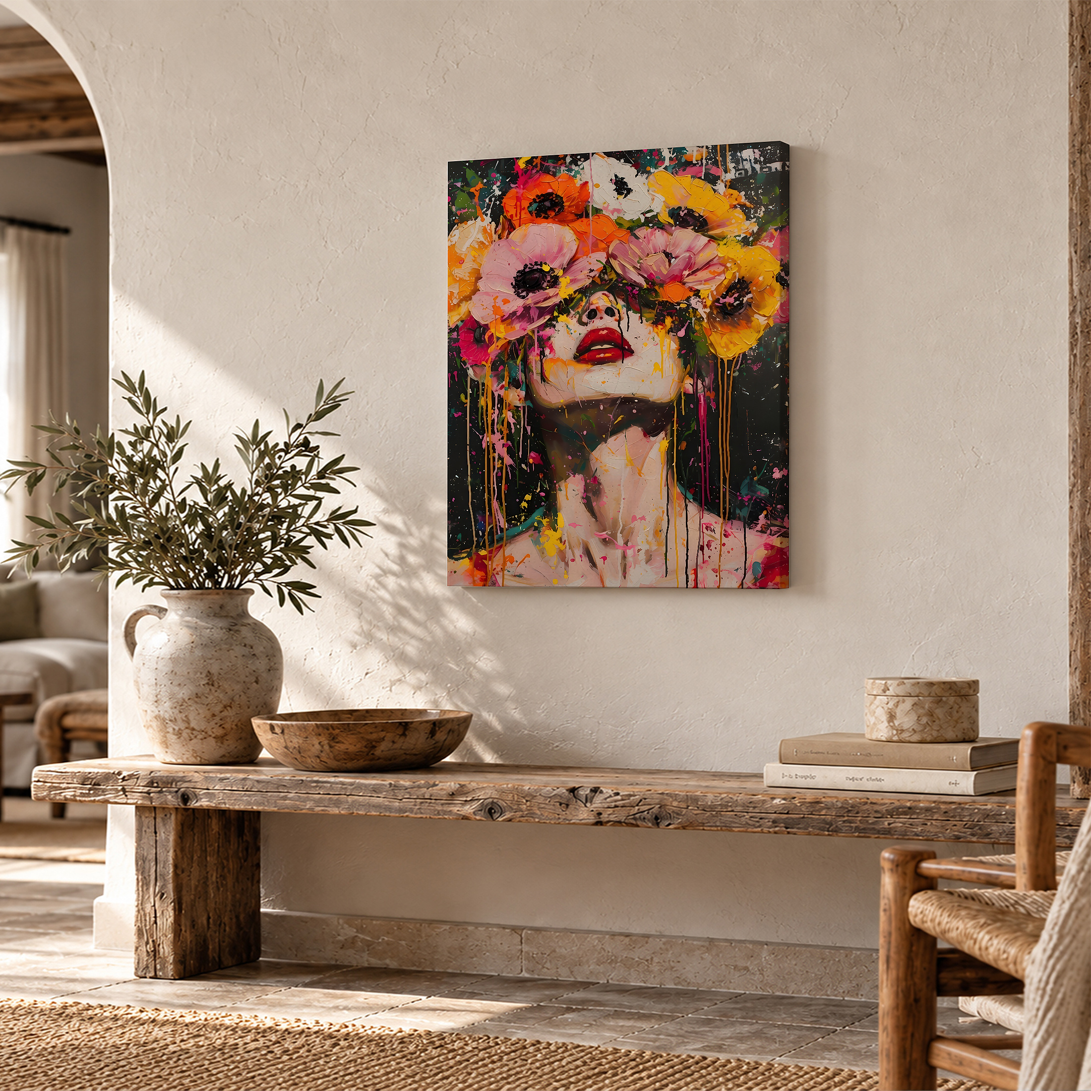 Floral Portrait Dripping Paint Framed Canvas Wall Art Ready to Hang - Image 2