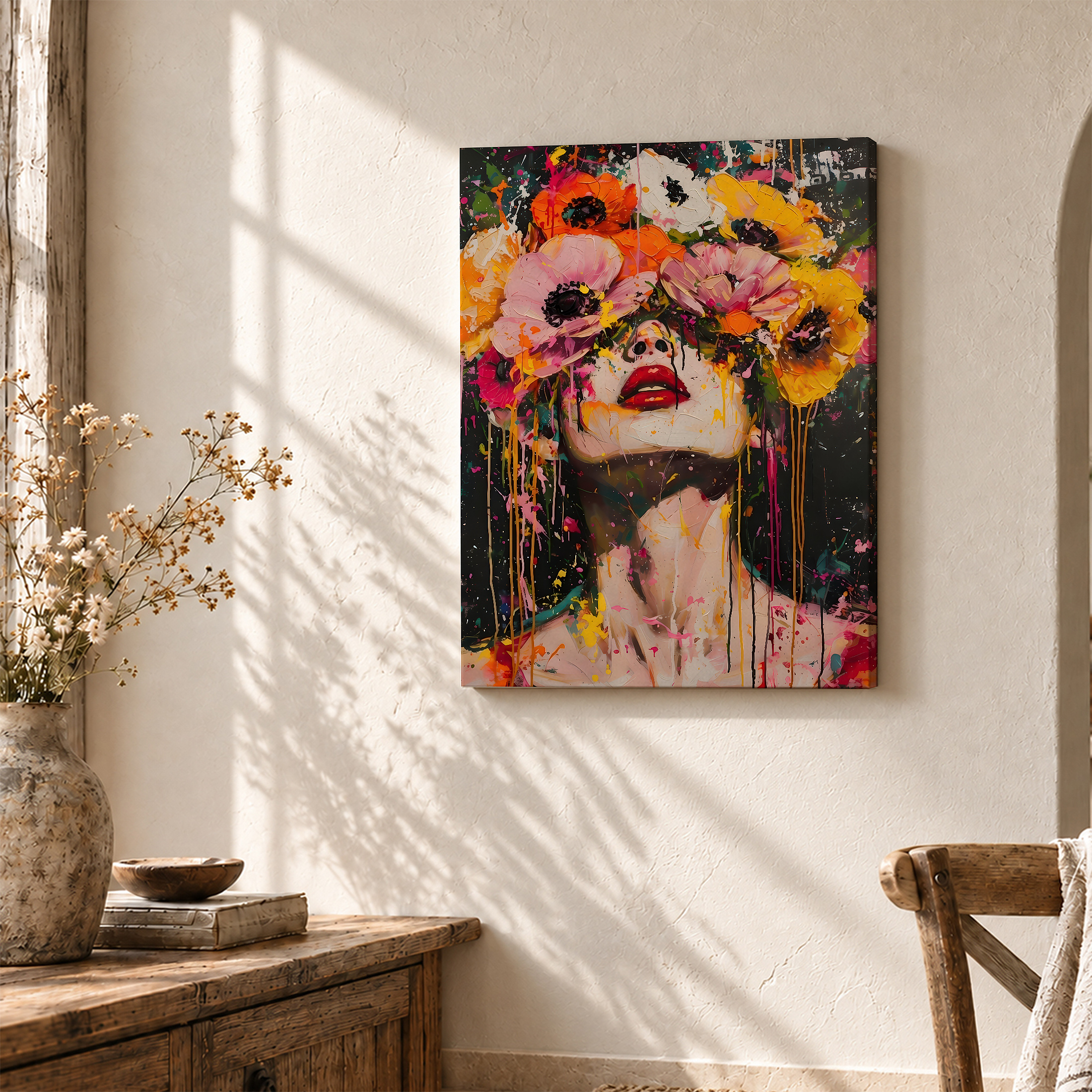 Floral Portrait Dripping Paint Framed Canvas Wall Art Ready to Hang - Image 3