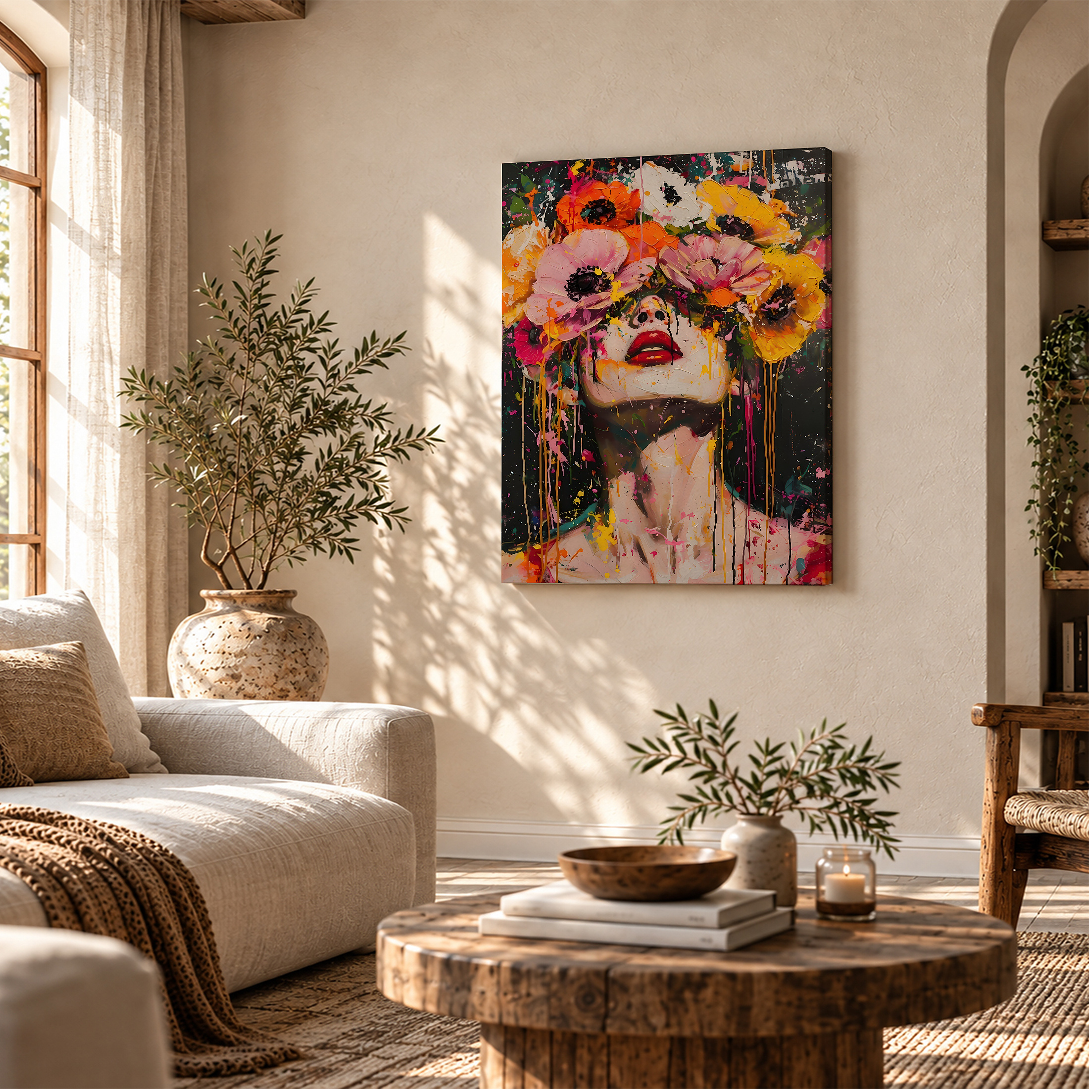 Floral Portrait Dripping Paint Framed Canvas Wall Art Ready to Hang - Image 4
