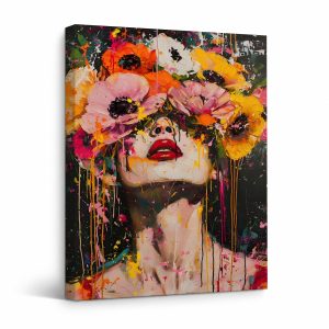 Floral Portrait Dripping Paint Framed Canvas Wall Art Ready to Hang