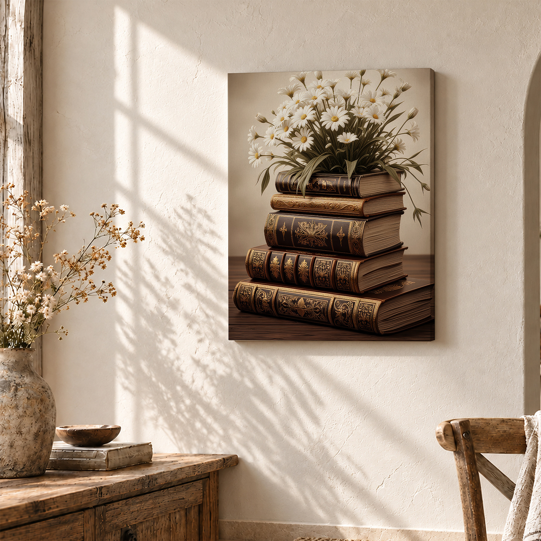 Vintage Books & Daisies Framed Canvas Wall Art - Ready to Hang - Image 3