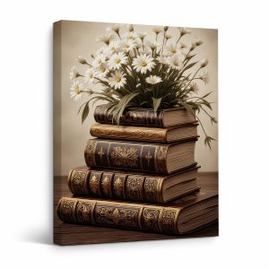 Vintage Books & Daisies Framed Canvas Wall Art - Ready to Hang