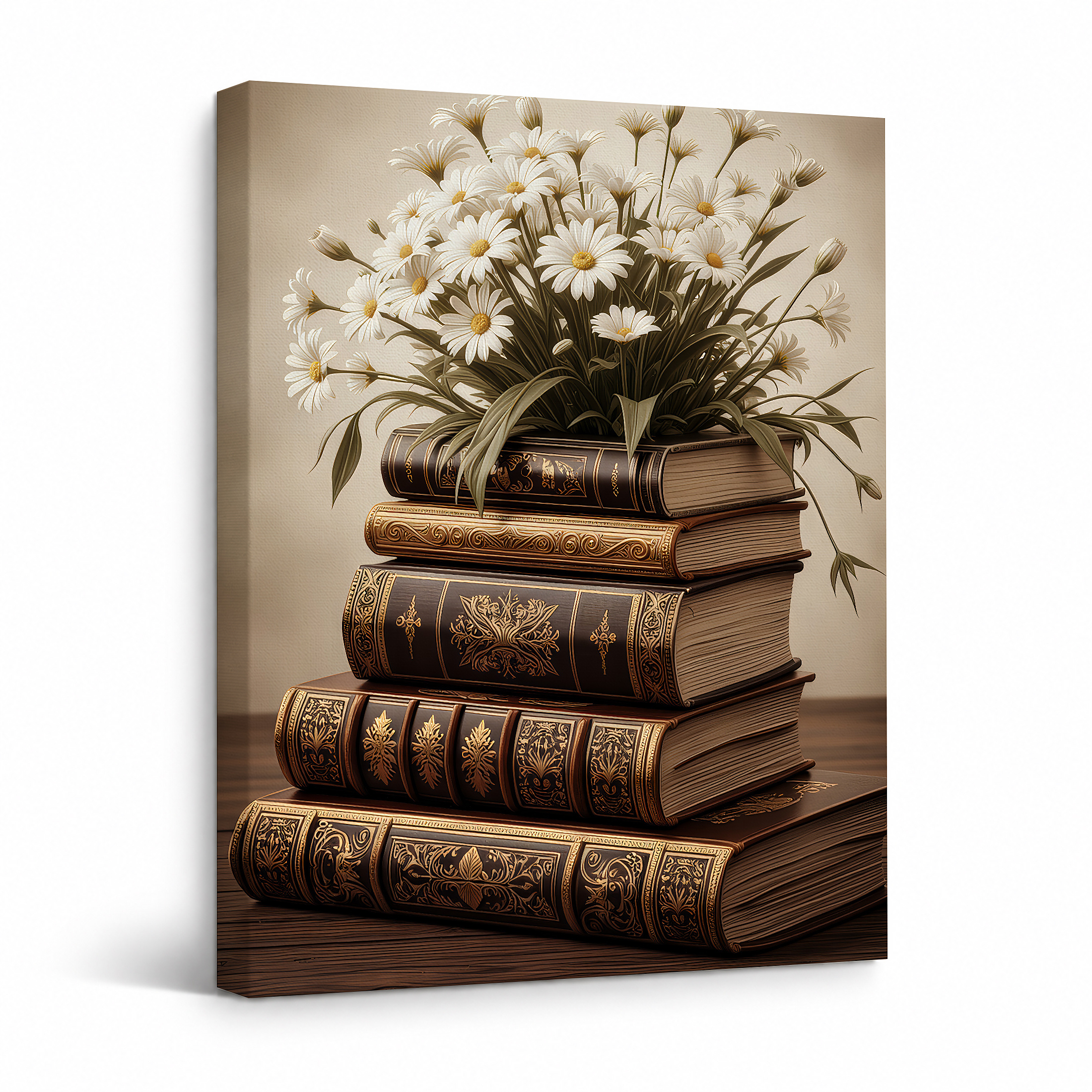 Vintage Books & Daisies Framed Canvas Wall Art - Ready to Hang