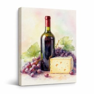 Wine & Cheese Watercolor Still Life Framed Canvas Wall Art