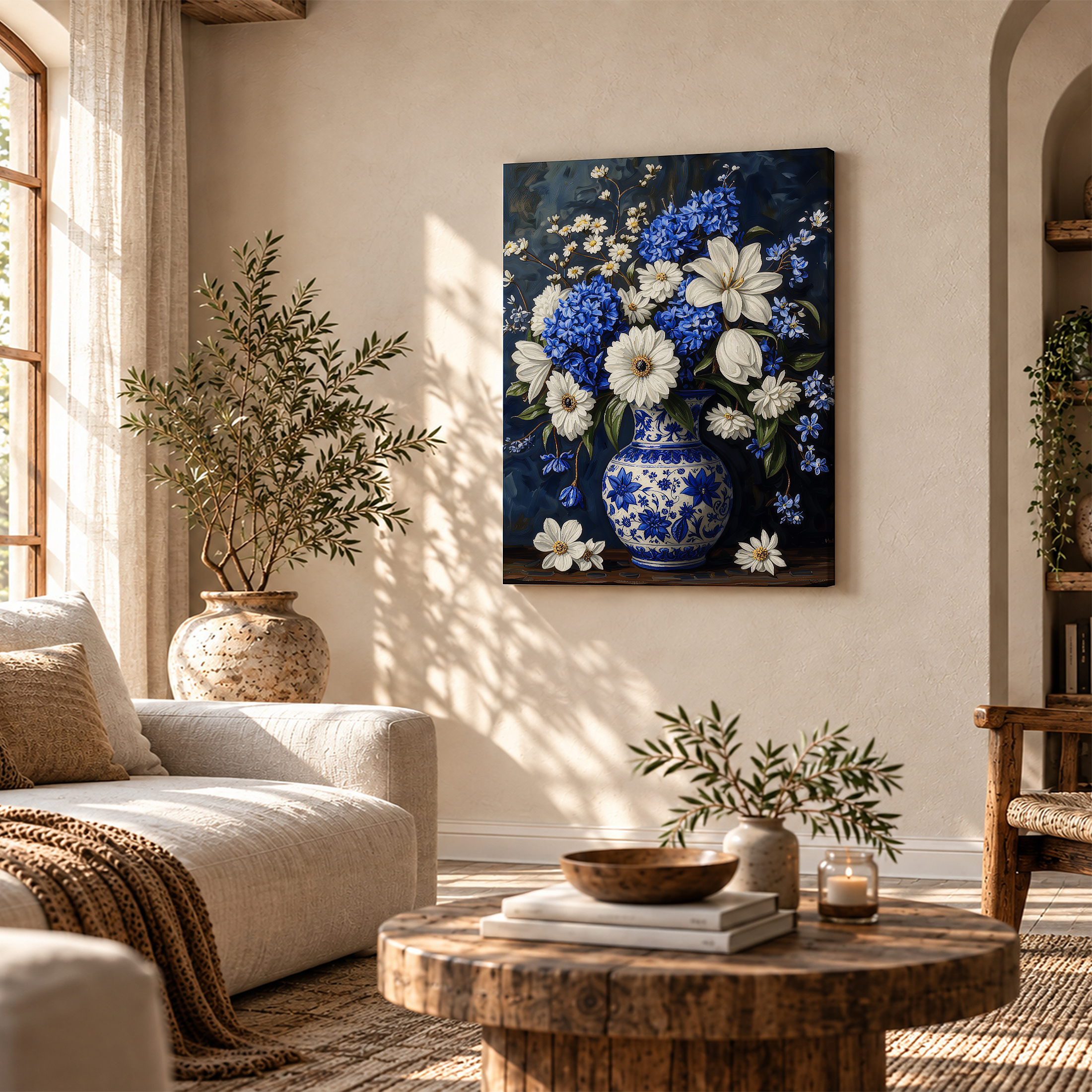 Blue & White Floral Still Life Framed Canvas Wall Art - Image 4