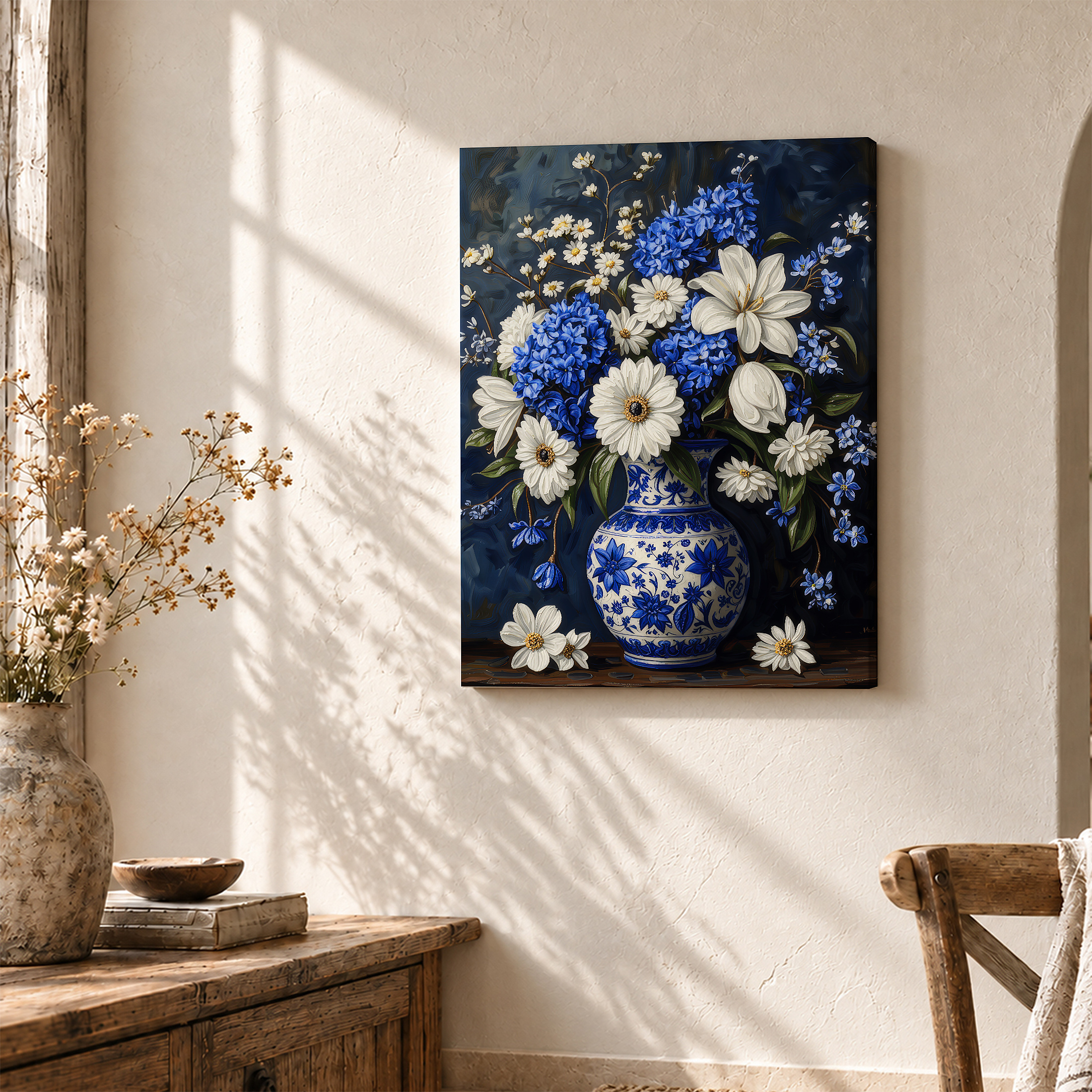 Blue & White Floral Still Life Framed Canvas Wall Art - Image 3