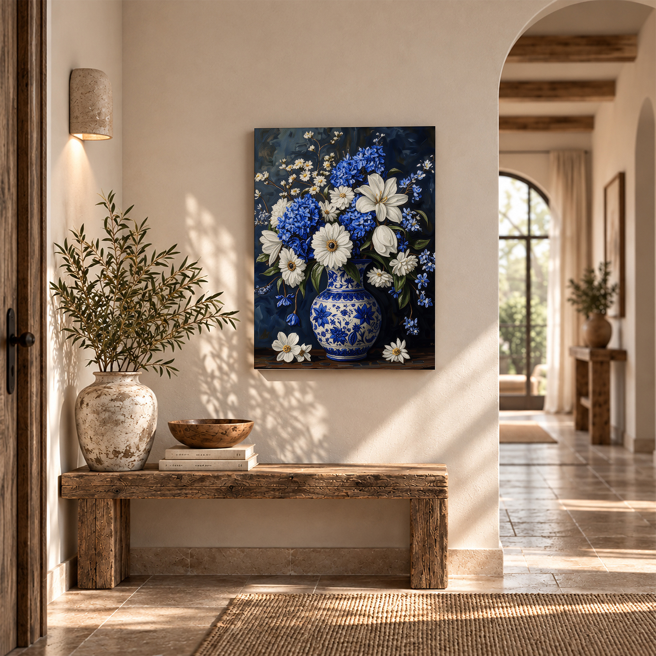 Blue & White Floral Still Life Framed Canvas Wall Art - Image 6