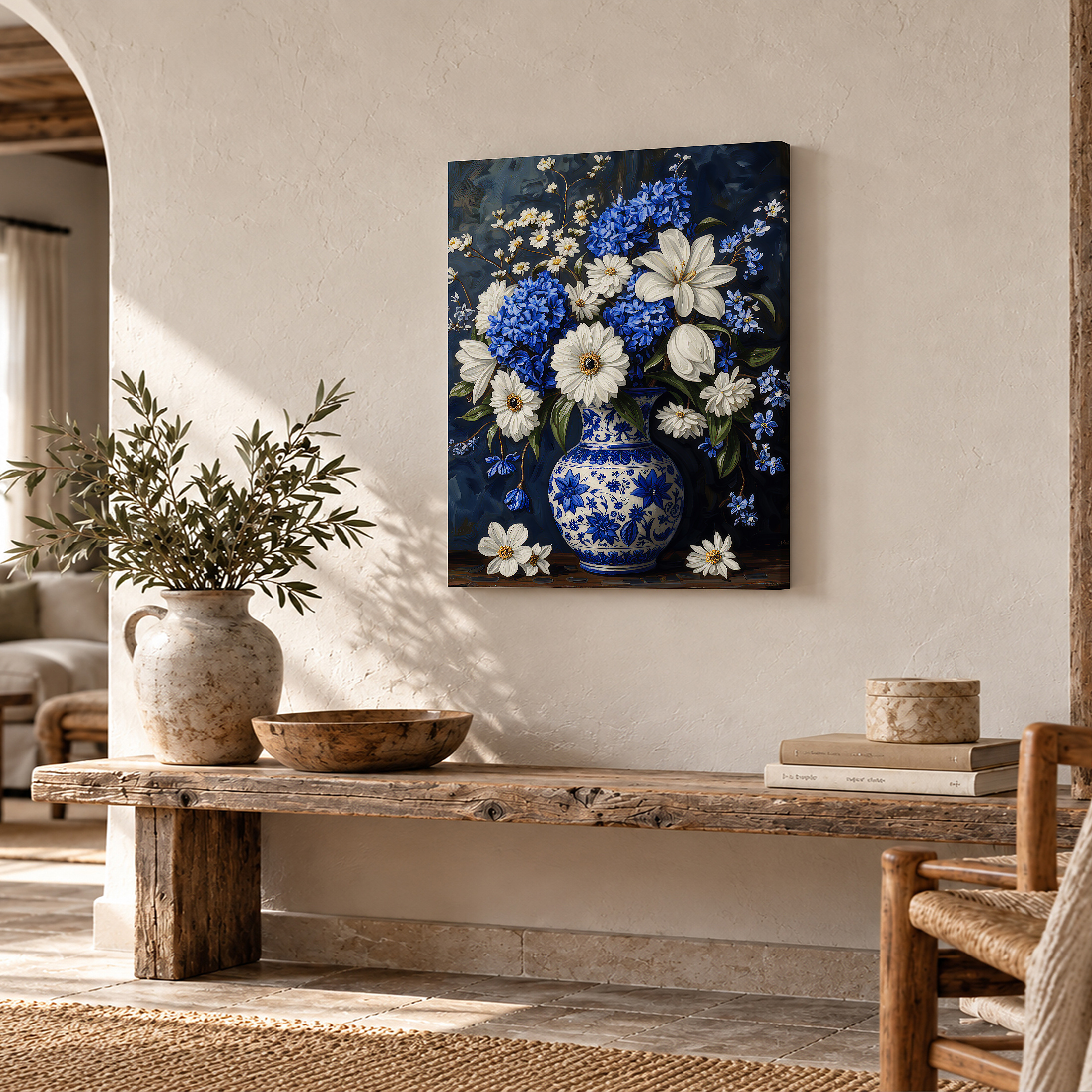 Blue & White Floral Still Life Framed Canvas Wall Art - Image 2