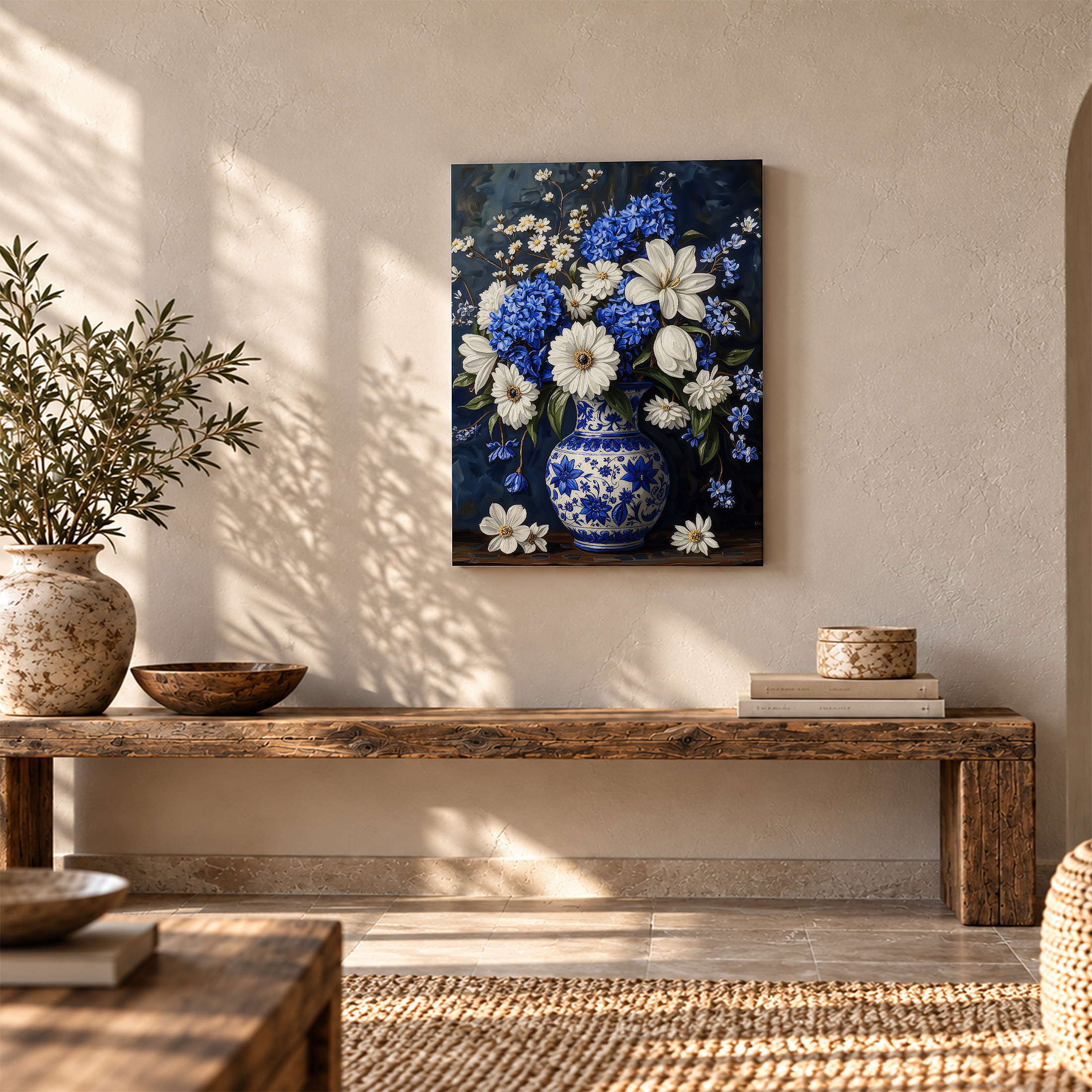 Blue & White Floral Still Life Framed Canvas Wall Art - Image 5