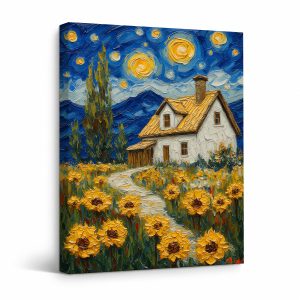 Starry Night Sunflower House Framed Canvas Wall Art