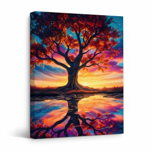 Surreal Sunset Tree Reflection Framed Canvas Wall Art