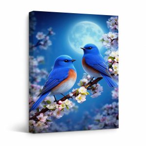 Moonlit Bluebirds & Cherry Blossoms Framed Canvas Wall Art
