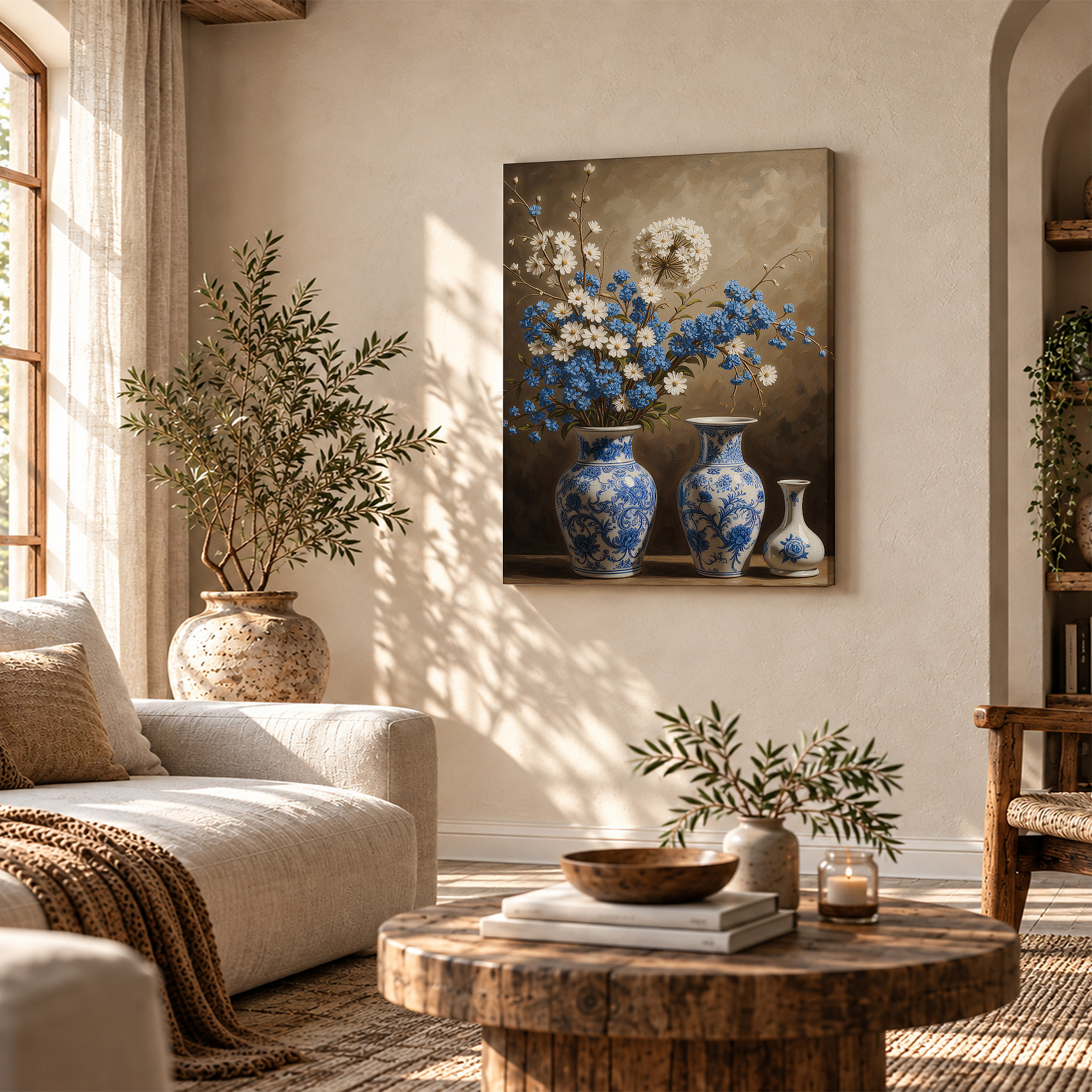 Blue & White Floral Still Life Framed Canvas Wall Art - Ready to Hang - Image 4