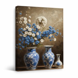 Blue & White Floral Still Life Framed Canvas Wall Art - Ready to Hang