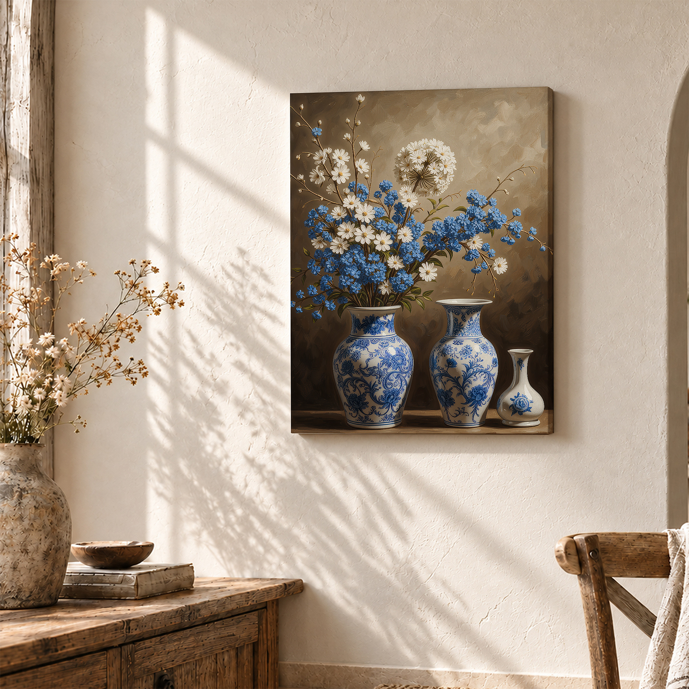 Blue & White Floral Still Life Framed Canvas Wall Art - Ready to Hang - Image 3