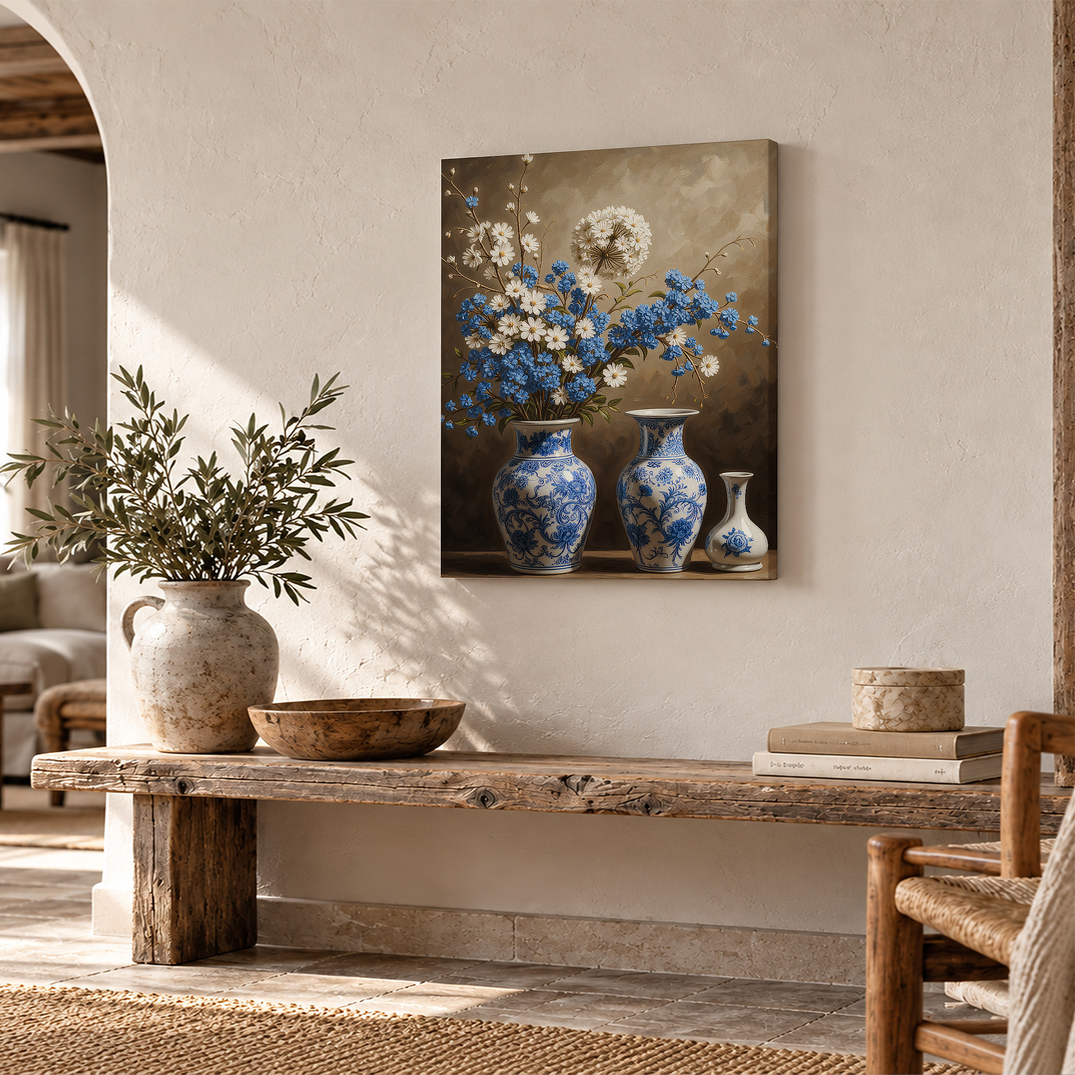 Blue & White Floral Still Life Framed Canvas Wall Art - Ready to Hang - Image 2