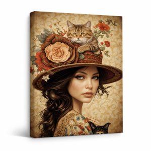 Vintage Floral Cat Hat Portrait Framed Canvas Wall Art