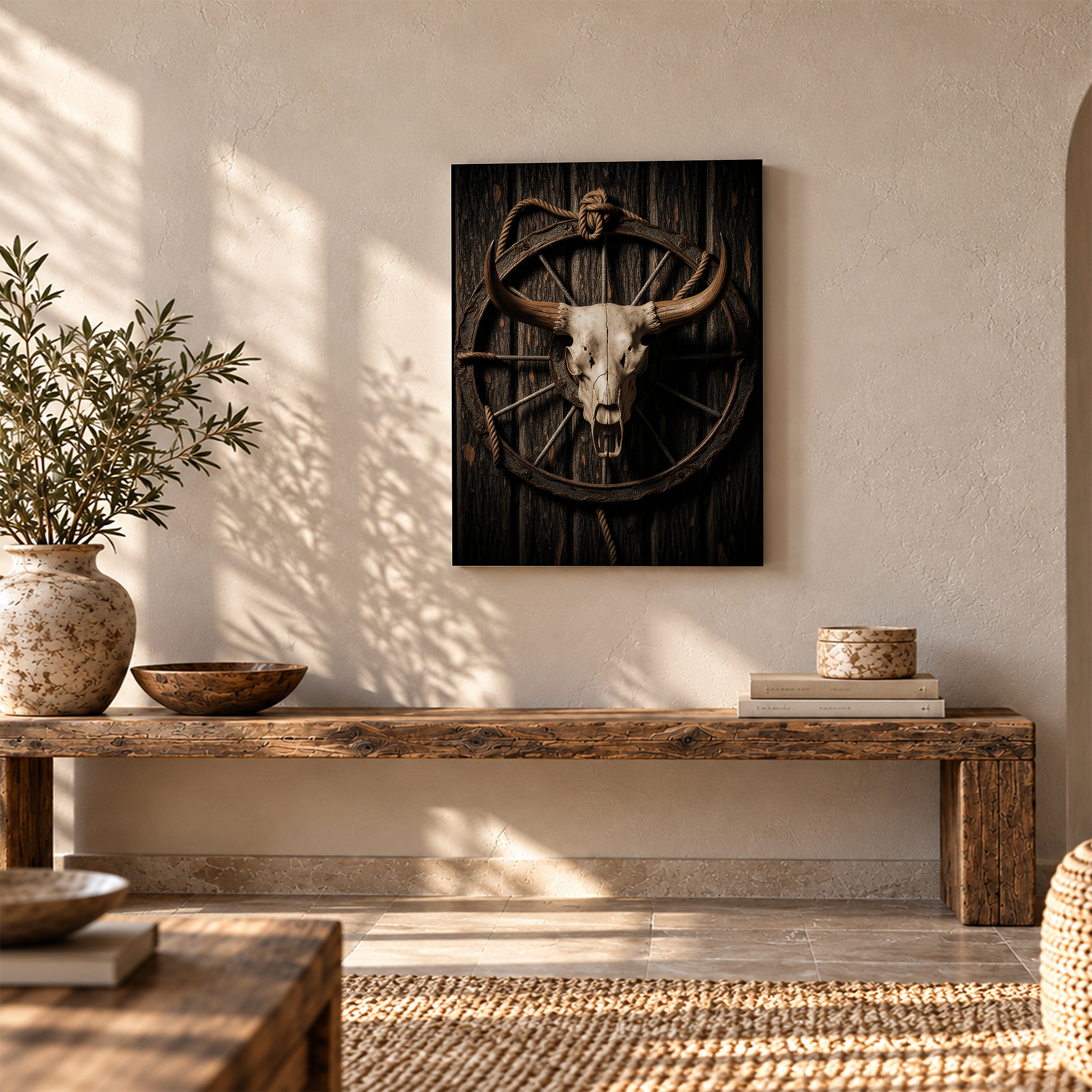 Western Bull Skull Wagon Wheel Framed Canvas Wall Art - Rustic Decor - Image 5