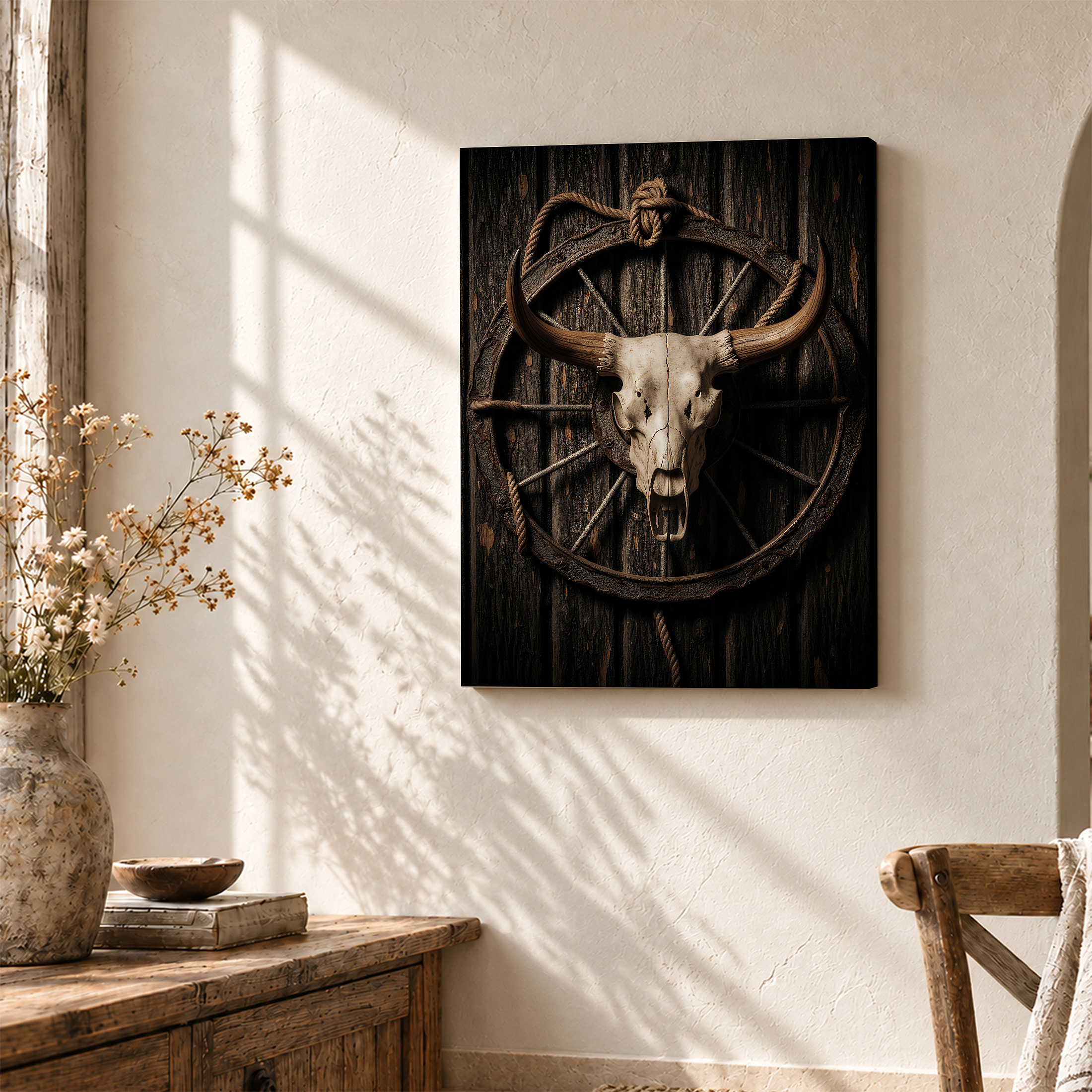 Western Bull Skull Wagon Wheel Framed Canvas Wall Art - Rustic Decor - Image 3
